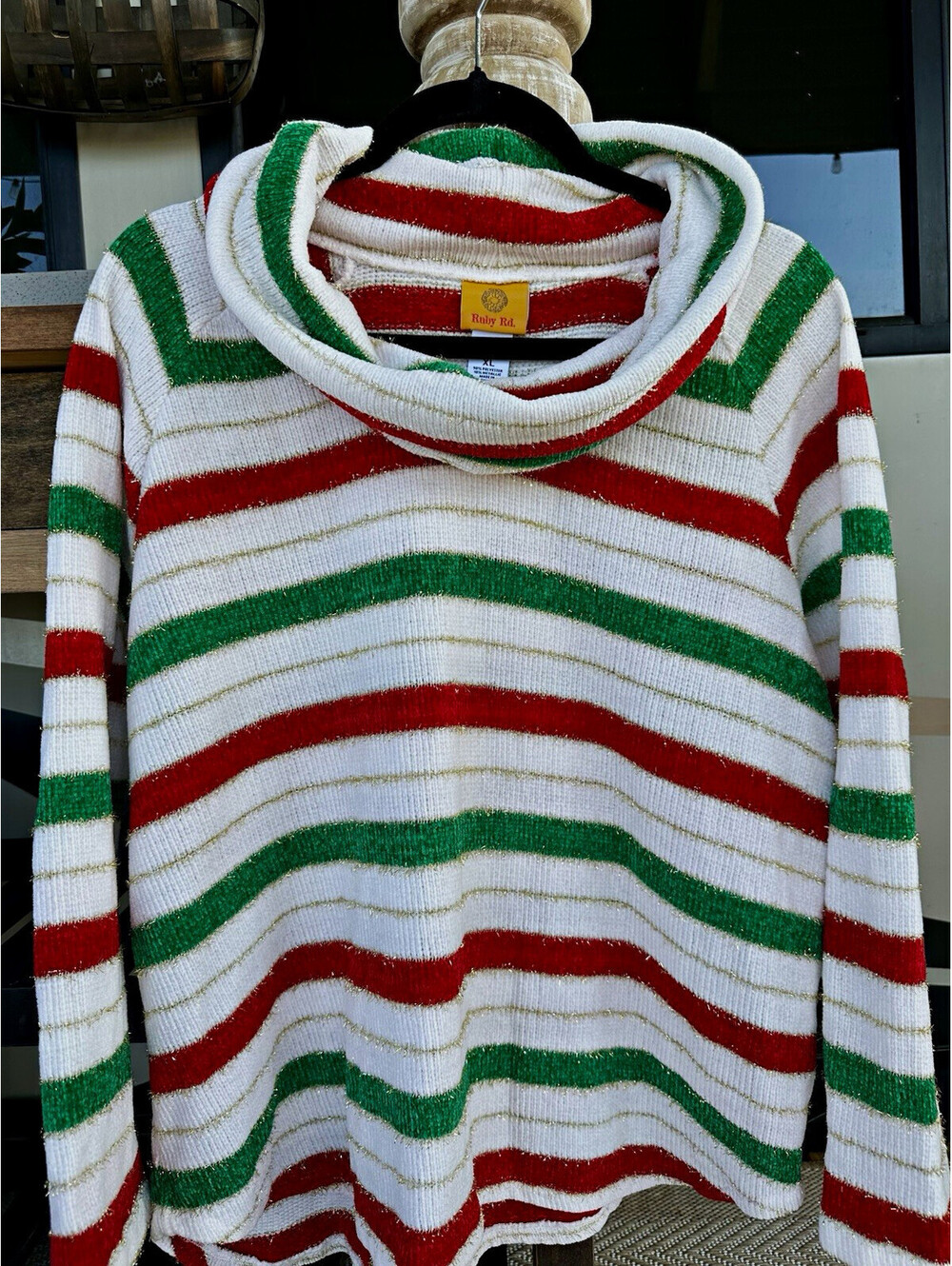 Ruby Rd. Women’s XL Knit Striped Cowl Neck Long Sleeve Pullover Sweater Metallic